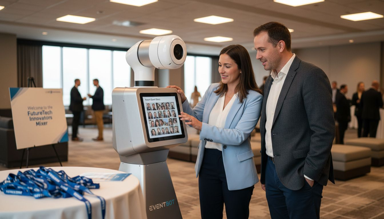Corporate event attendees using robot photo booth