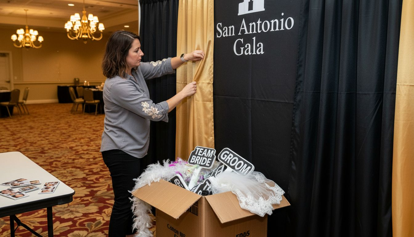 Booth attendant prepares custom event backdrop