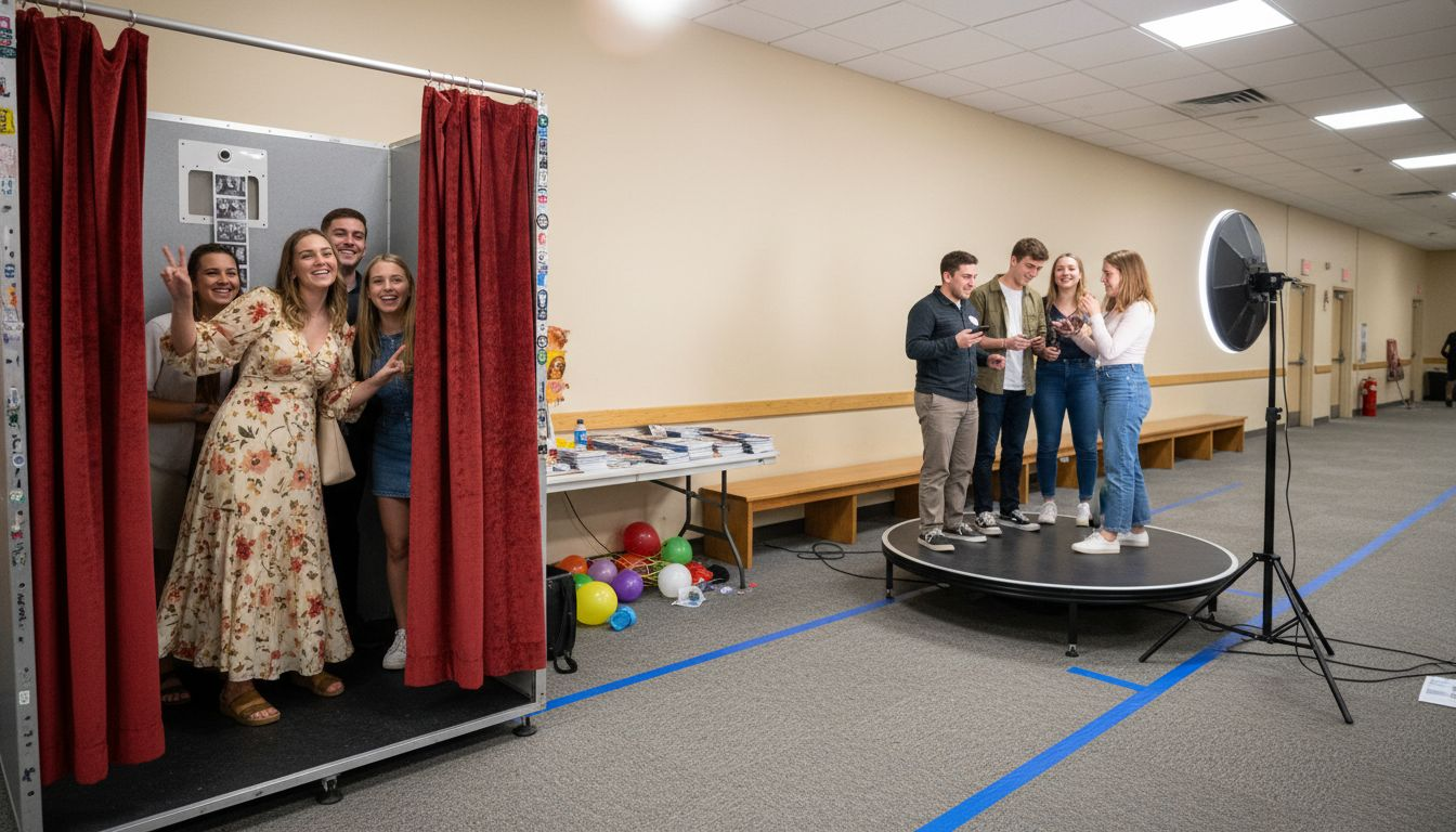 Guests using traditional and 360 degree photo booths