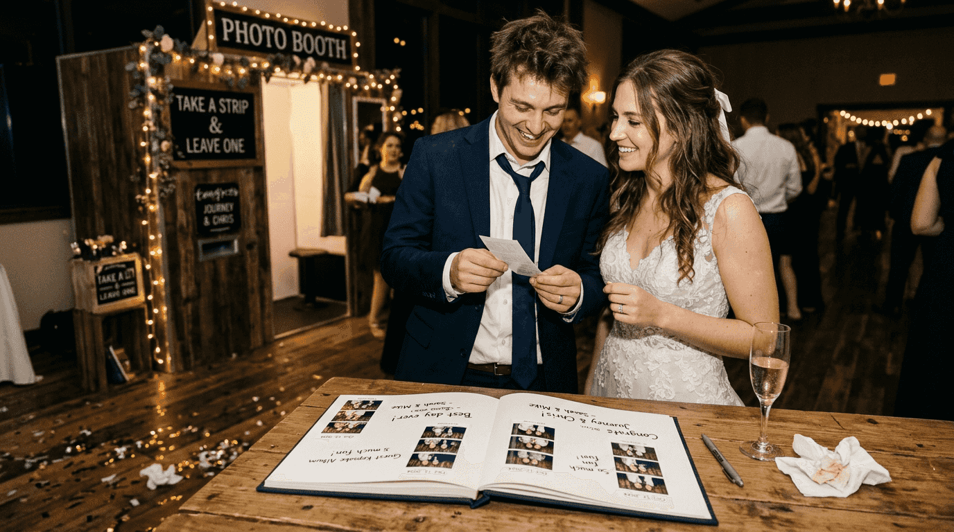 Couple reviewing photo booth keepsake album
