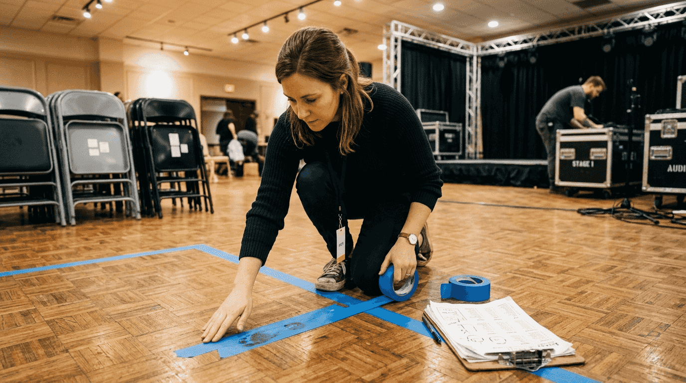 Event planner marks photo booth space layout