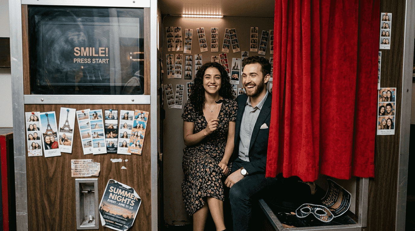 Traditional enclosed photo booth interior and guests