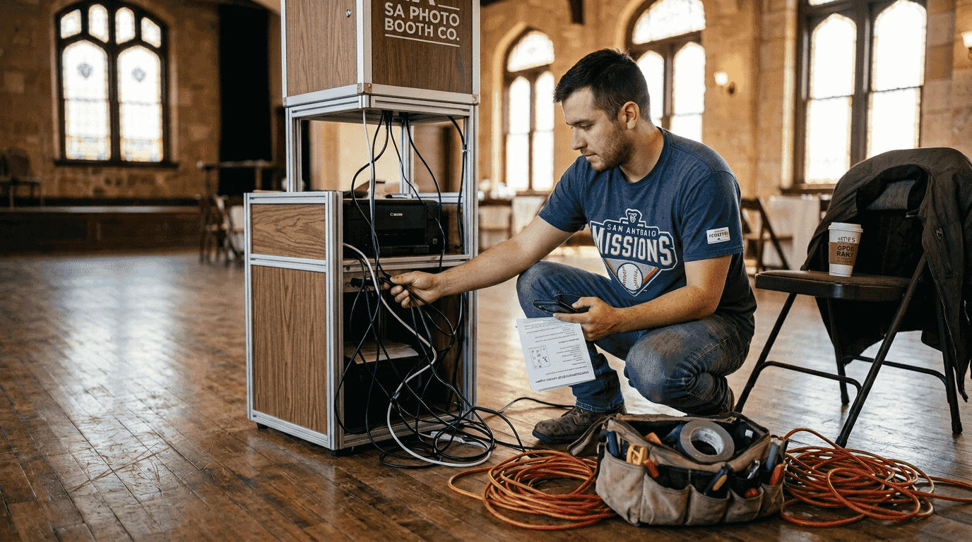 Technician setting up photo booth in San Antonio hall