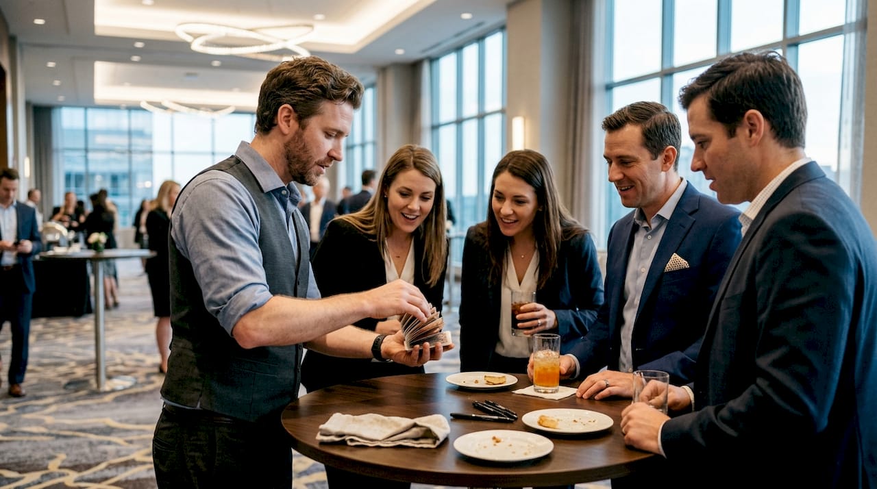 Magician entertains business guests at event table
