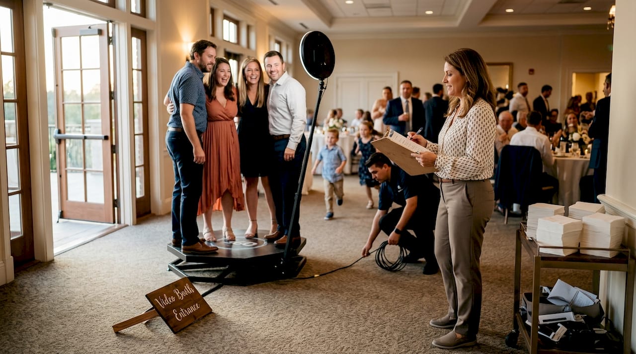 Event planner managing 360 booth experience