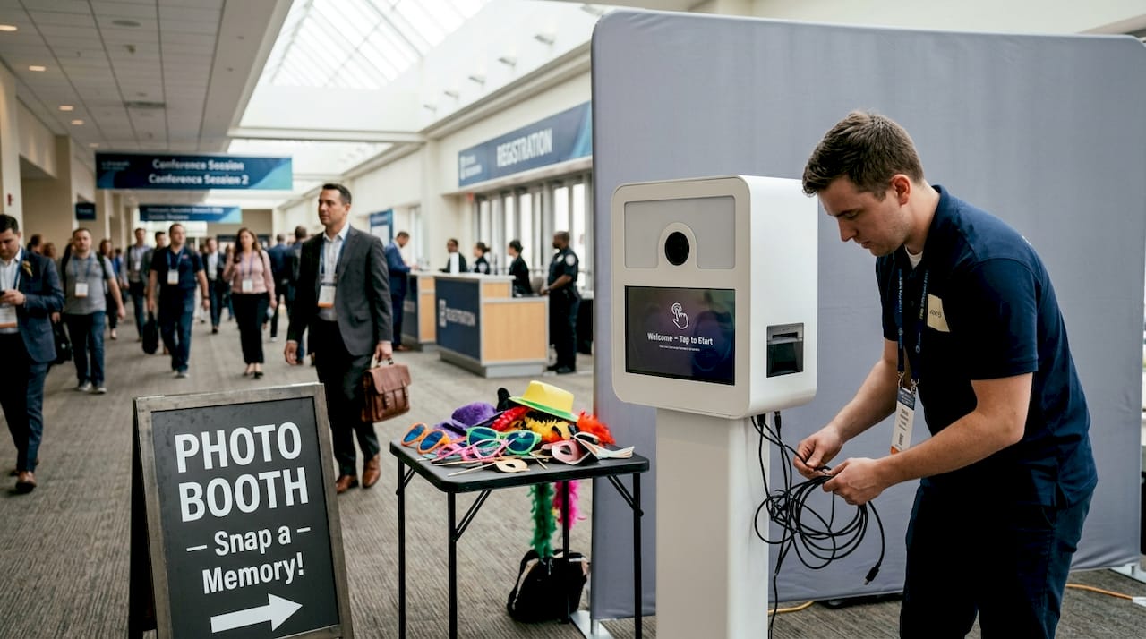 Event attendant prepares corporate photo booth