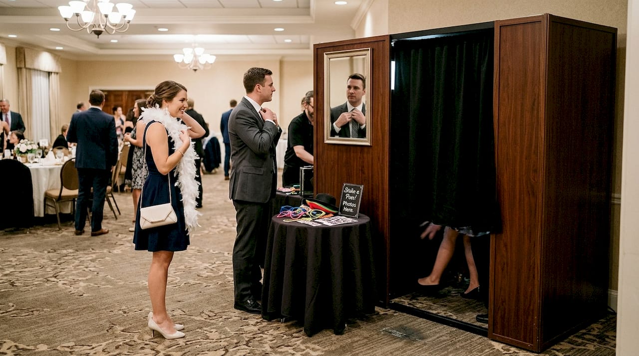 Traditional enclosed photo booth with guests waiting