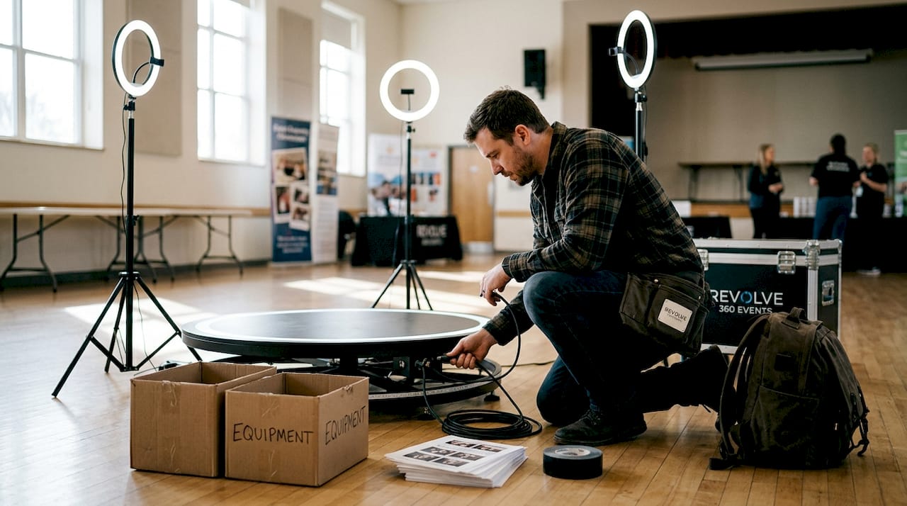 Technician setting up 360 photo booth equipment