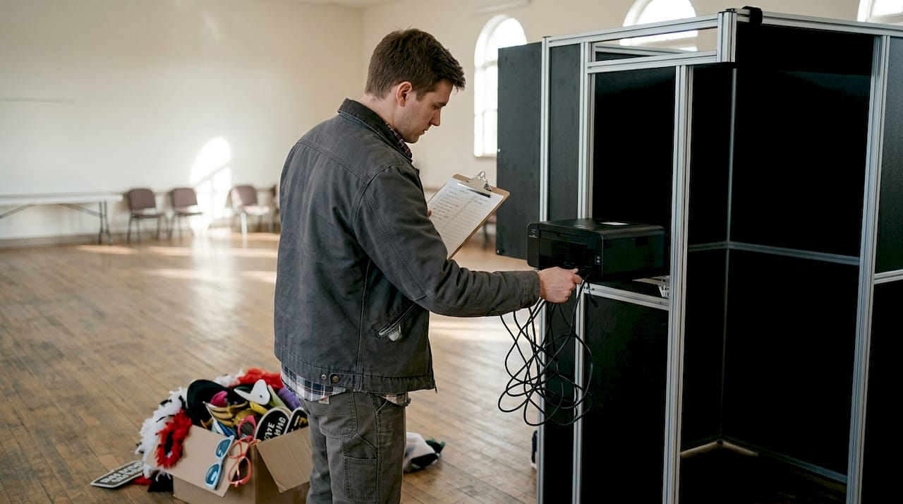 Technician assembling photo booth with props