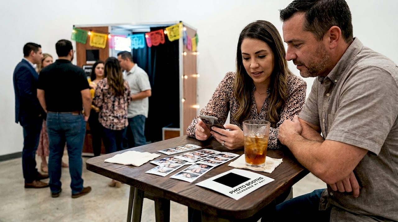 Guests sharing event photos at San Antonio table