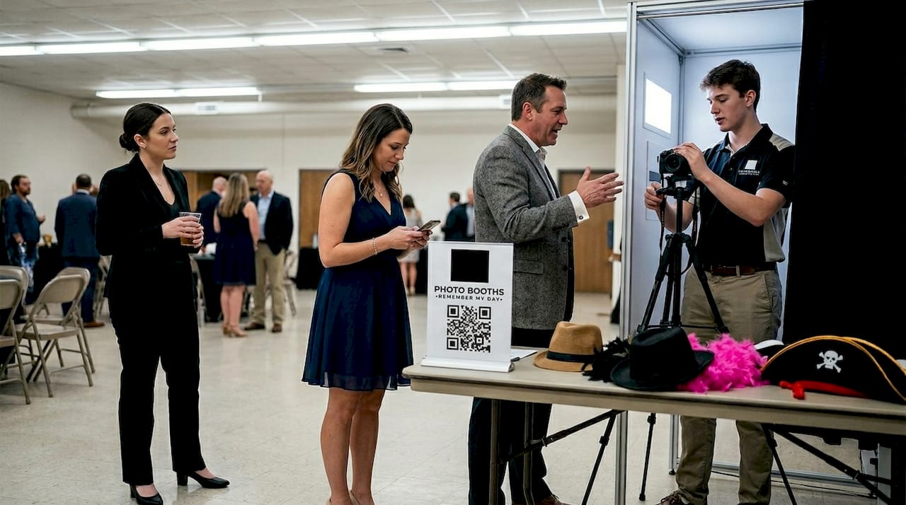 Guests queue and interact at event photo booth