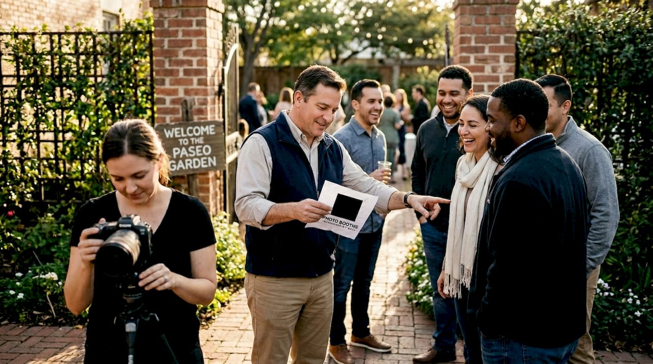 Photo wrangler organizing wedding guests outdoors