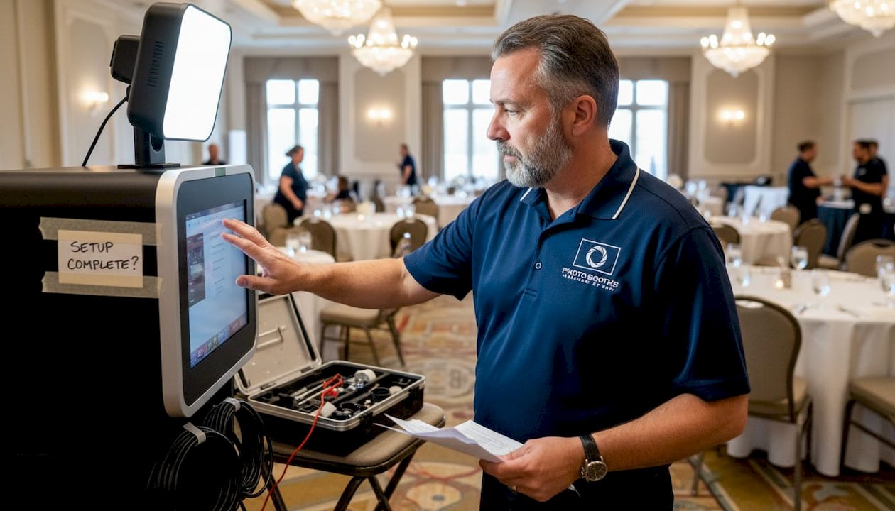 Vendor preparing photo booth in ballroom
