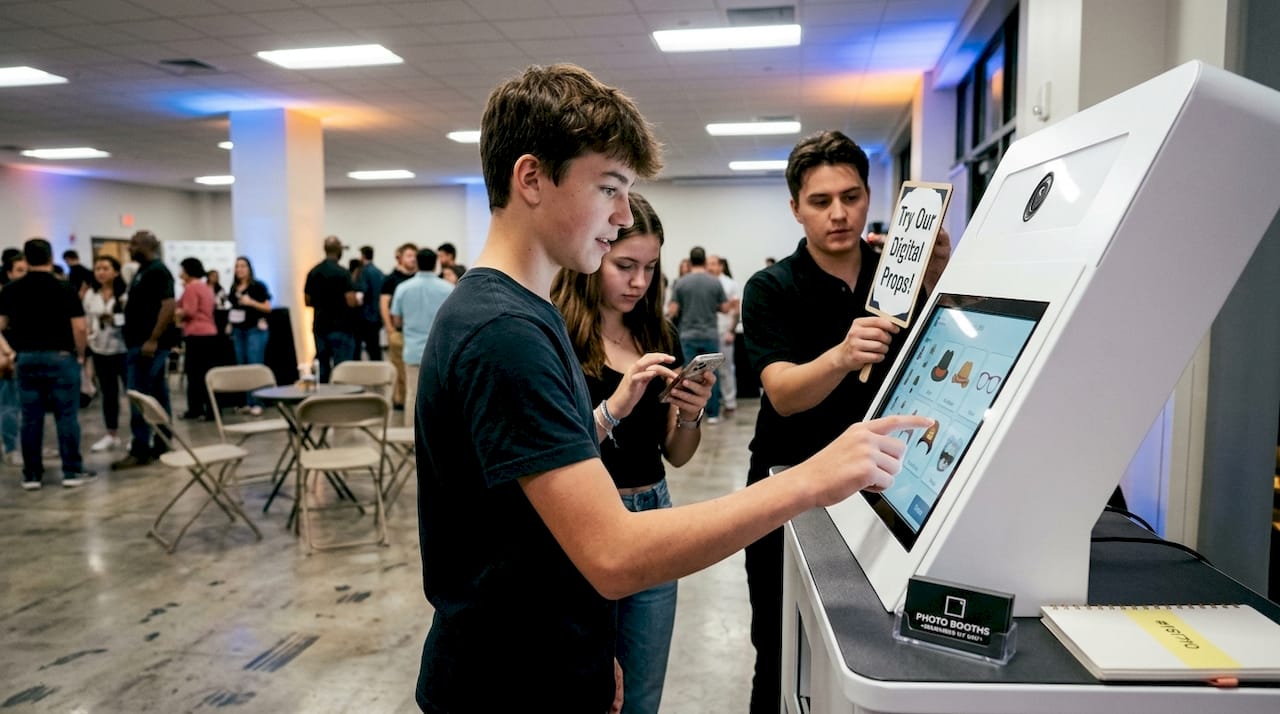 Teen interacts with AI photo booth touchscreen