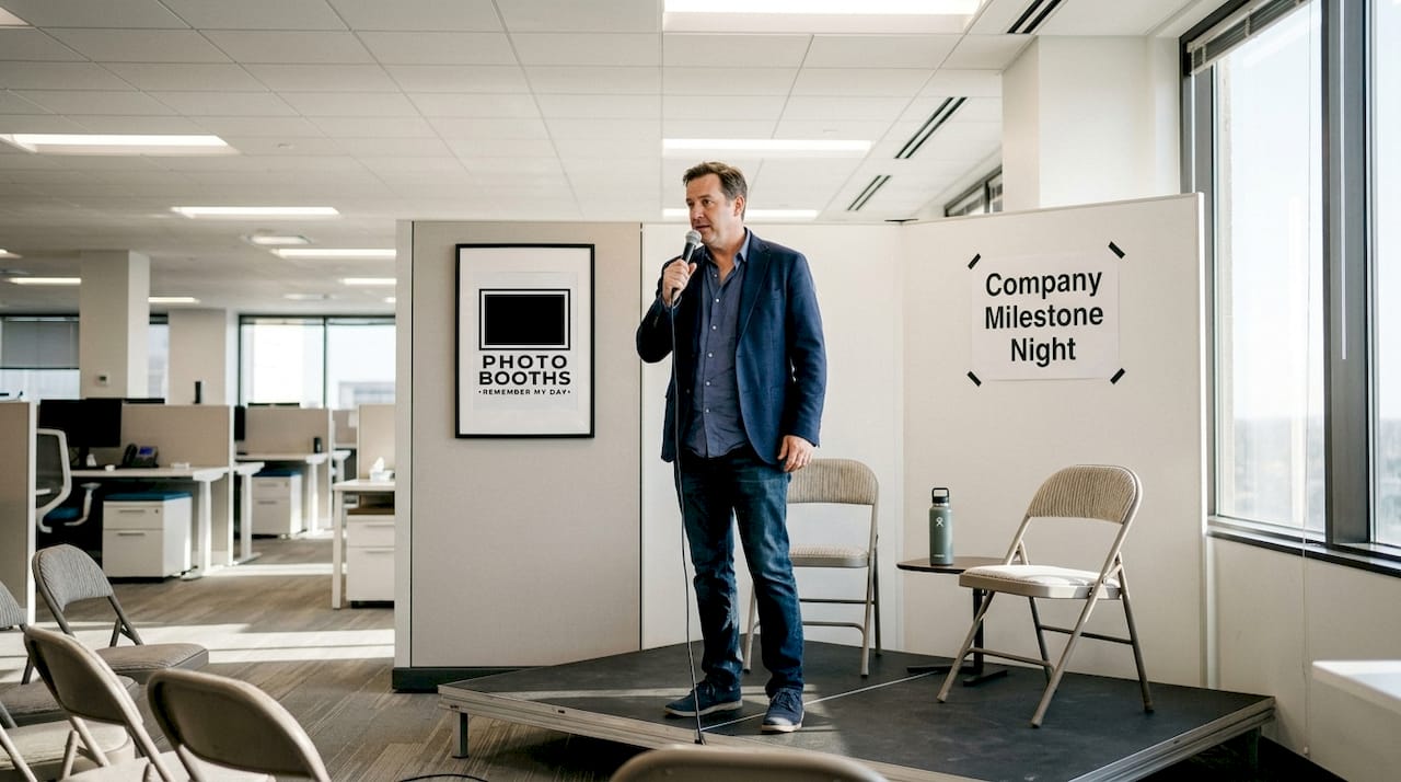 Comedian rehearsing corporate event performance