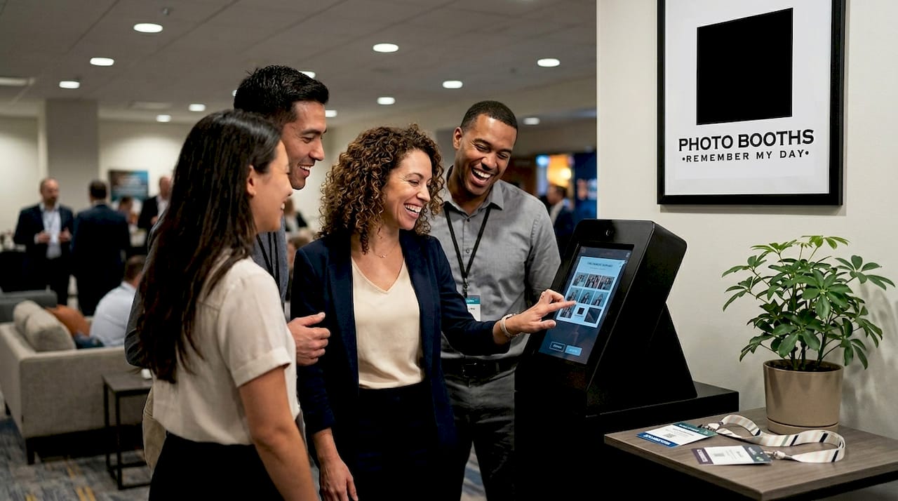 Colleagues interact at branded corporate photo booth