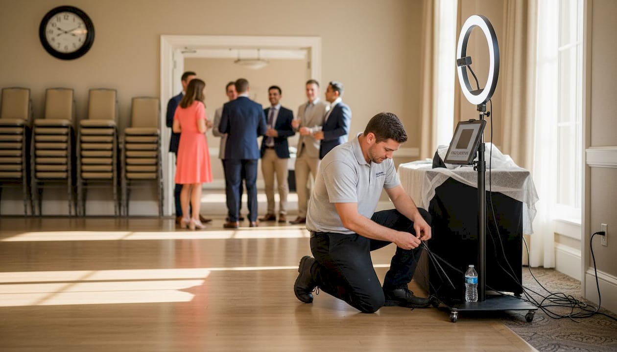 Technician setting up photo booth at event entrance