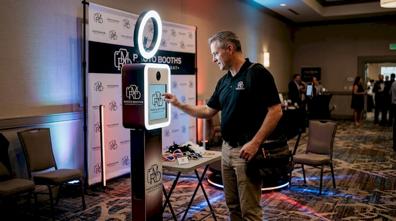 Technician setting up customized event booth