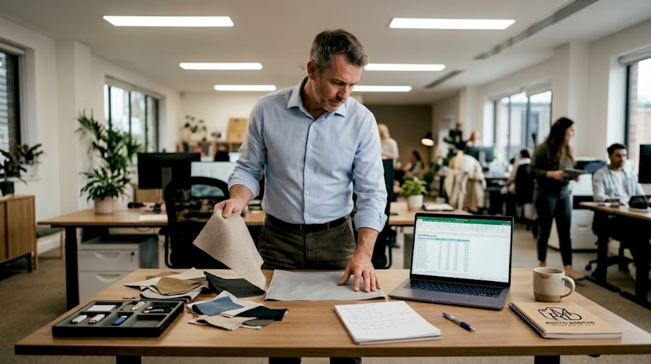 Planner reviewing photo booth material samples