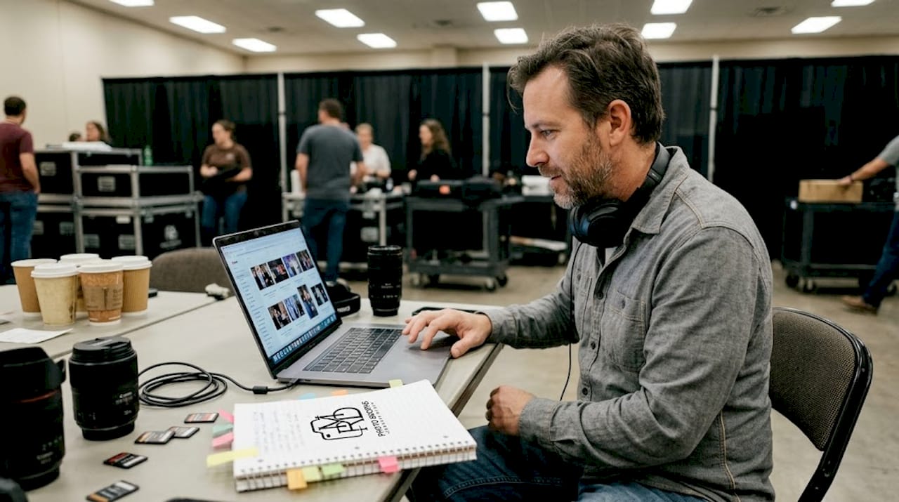 Photographer reviewing images backstage