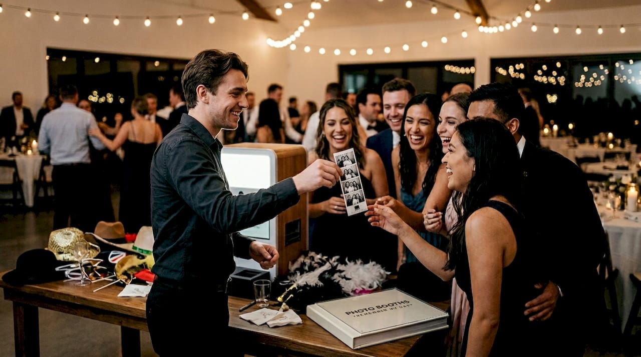 Photo booth staff handing prints to guests