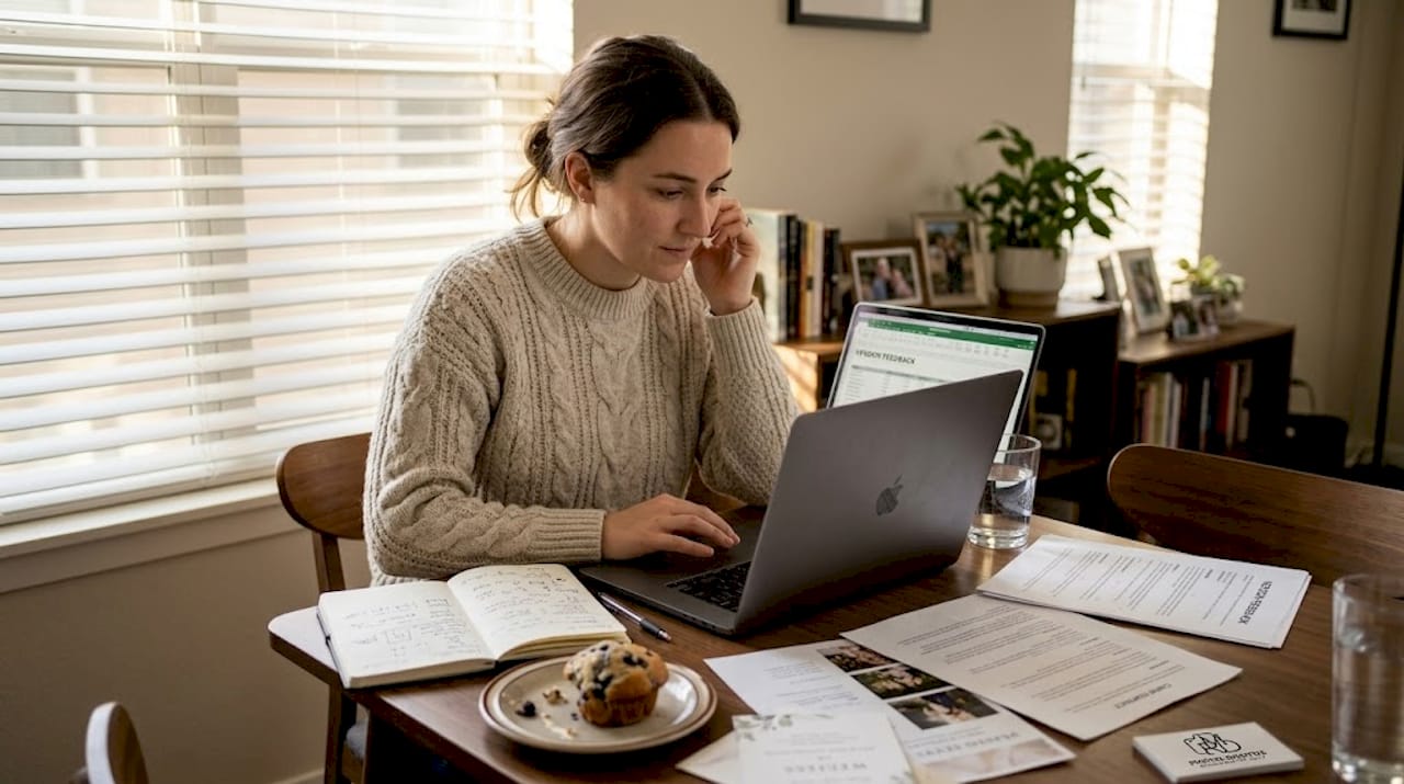Bride reading vendor reviews at dining table