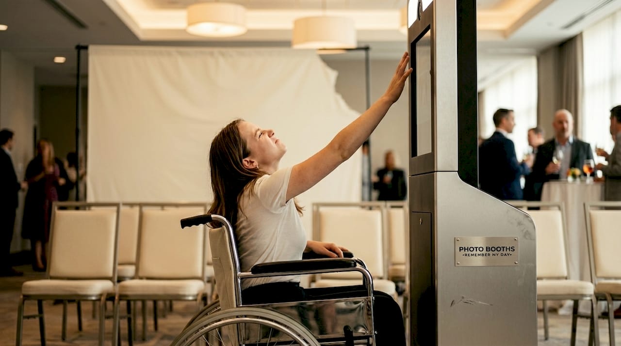 Wheelchair user struggling to reach booth screen