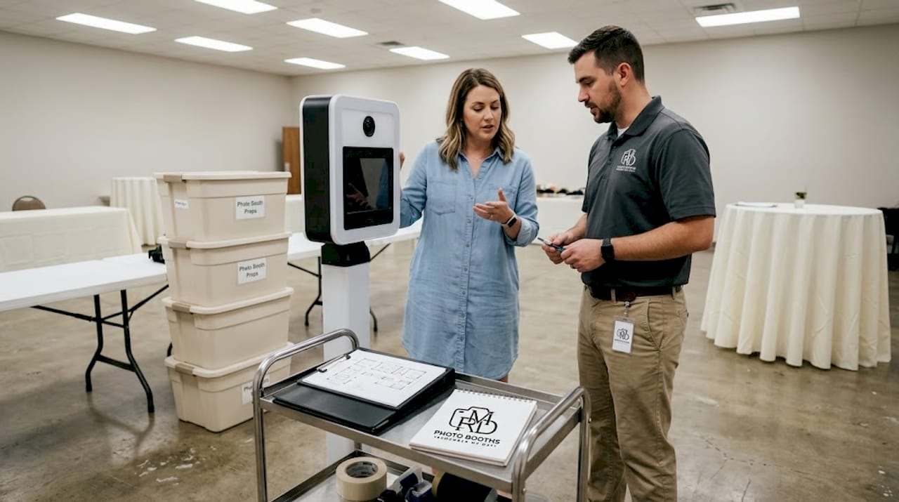 Event planner coordinating touchless booth setup