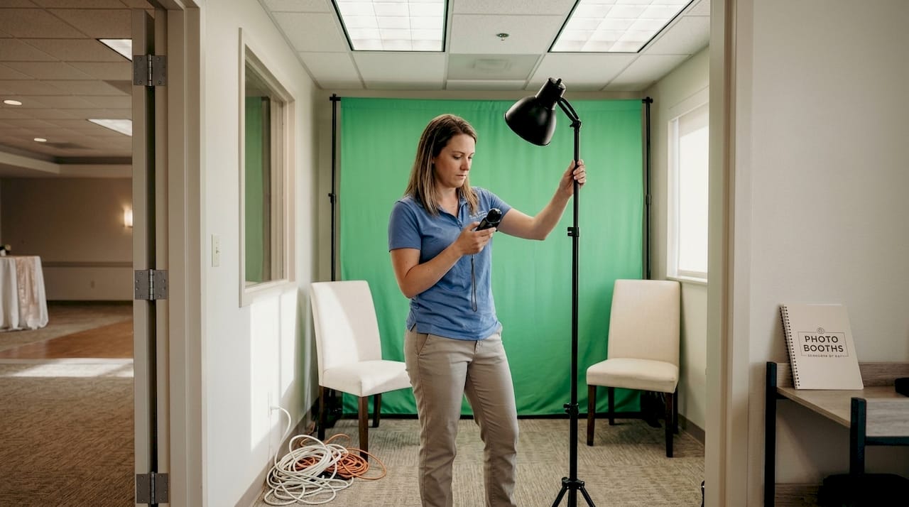 Technician testing lighting in photo booth