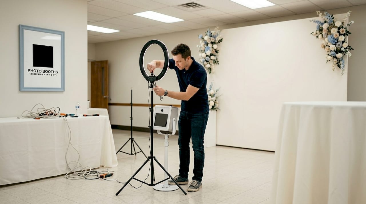 Man adjusting lighting beside photo booth
