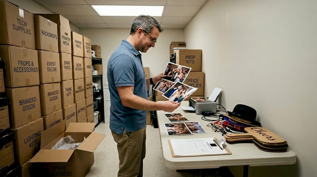 Photo booth vendor inspecting event prints
