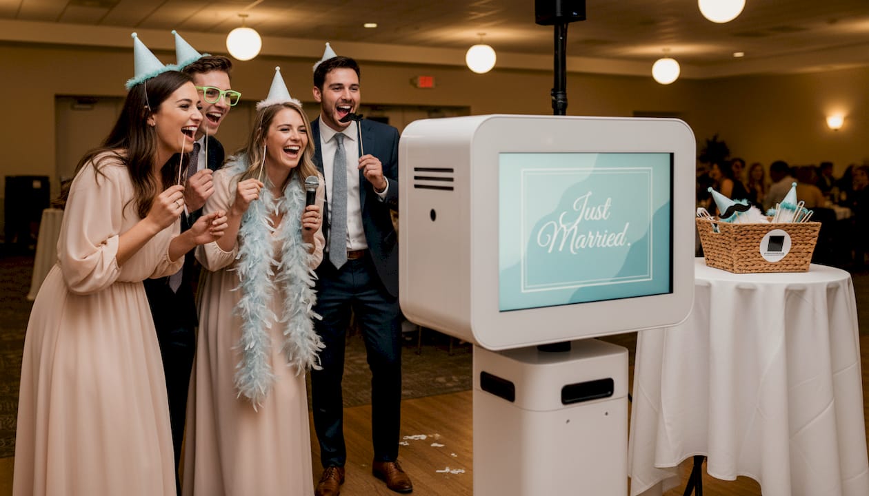 Wedding guests using glam photo booth