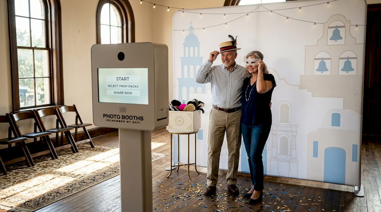Couple using creative photo booth at wedding
