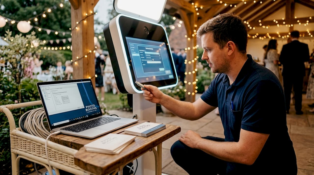 Technician setting up modern photo booth