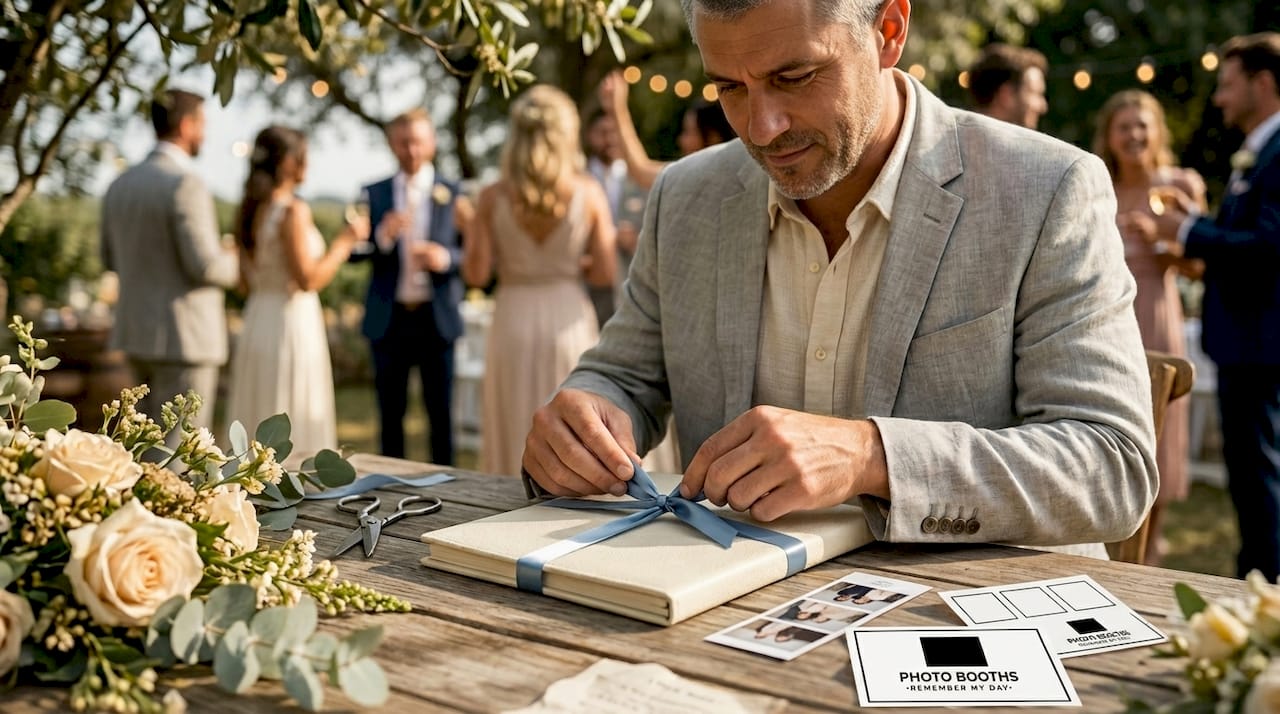 Man tying ribbon on photo folio holder