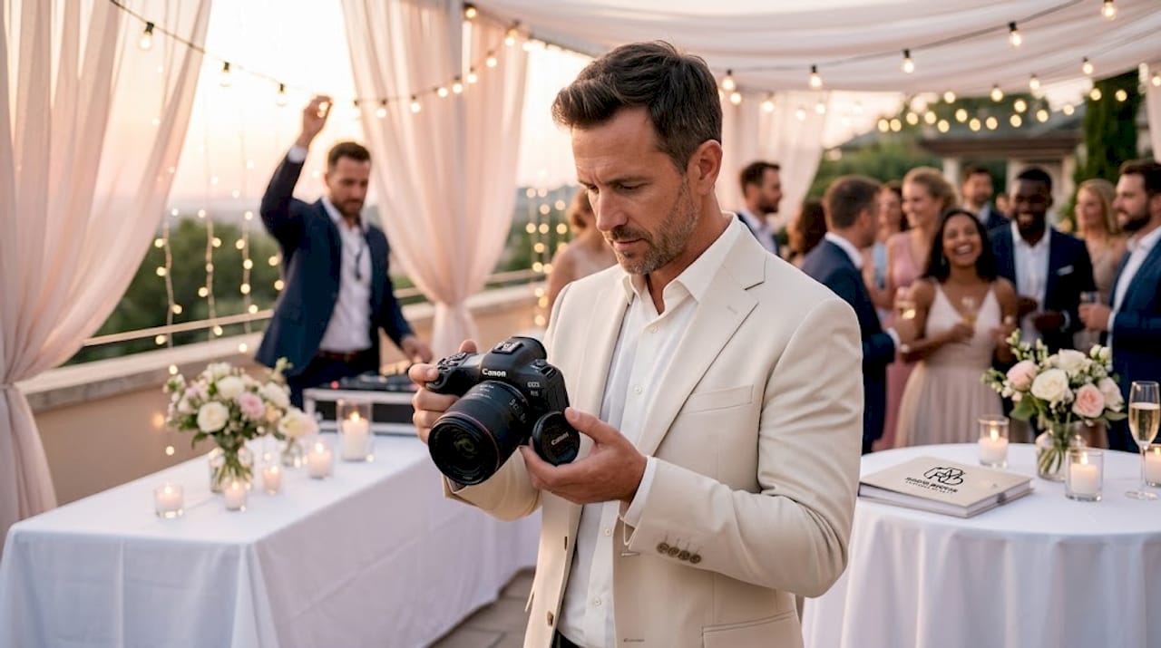 Photographer adjusting lighting during event setup