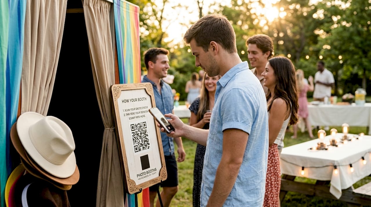 Party guest scanning booth instructions QR code