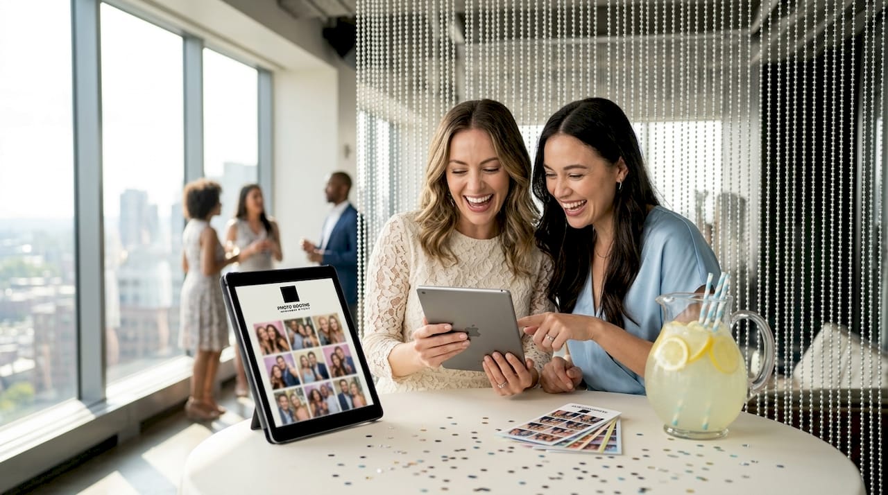 Guests review selfies at event photo booth