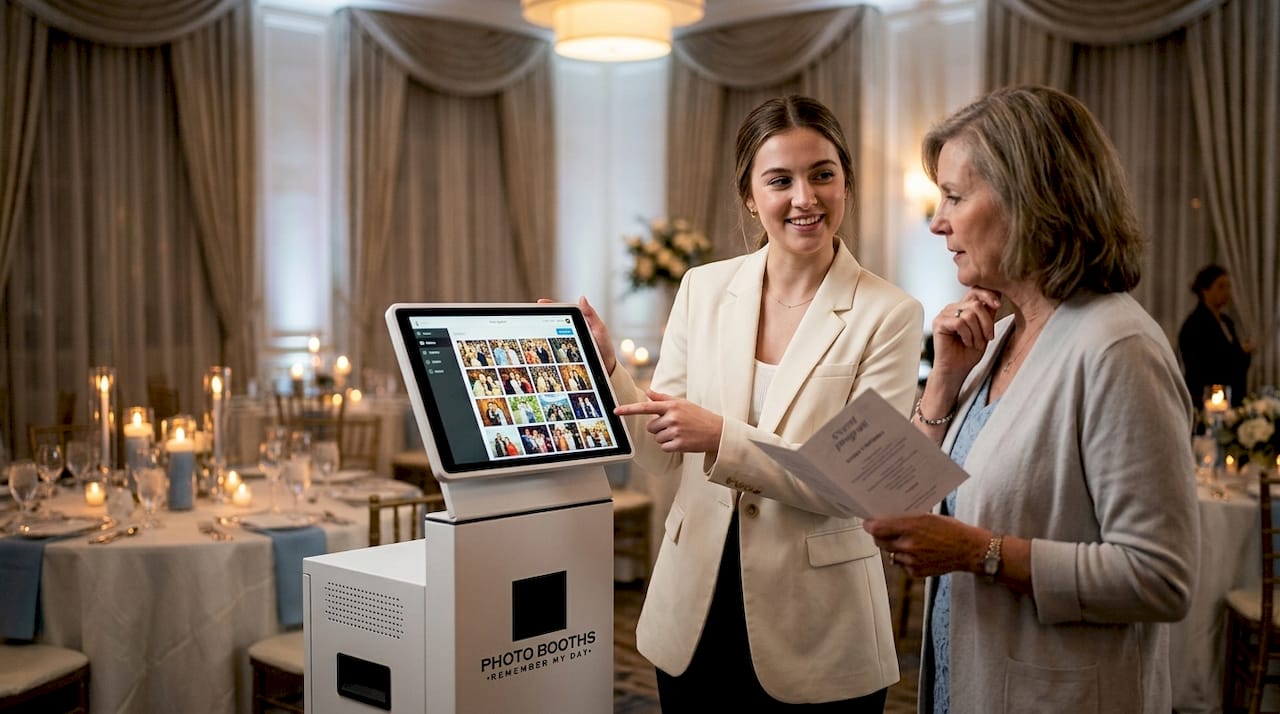 Attendant assisting guest with photo booth privacy