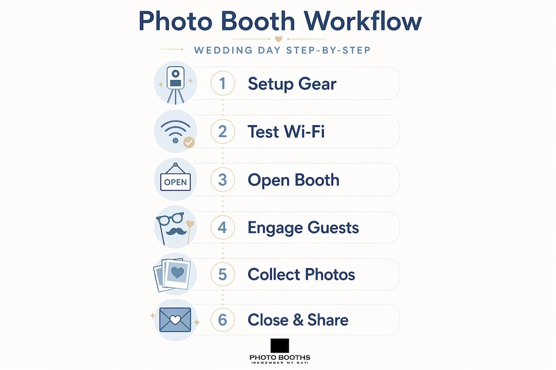 Infographic showing wedding photo booth workflow steps