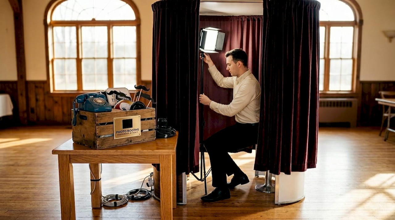 Technician setting up traditional wedding photo booth