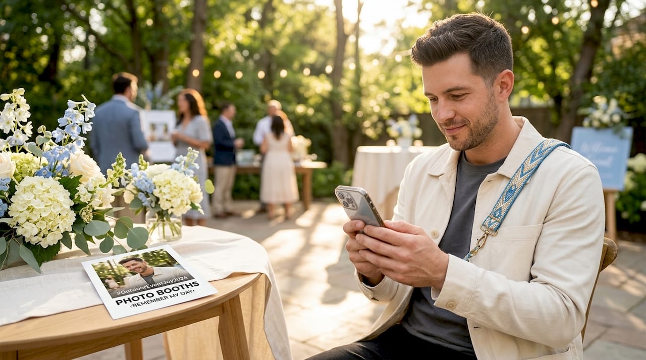 Man viewing branded event photo on phone
