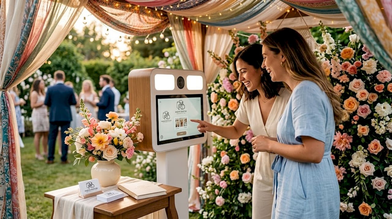 Guests interact with digital photo booth kiosk
