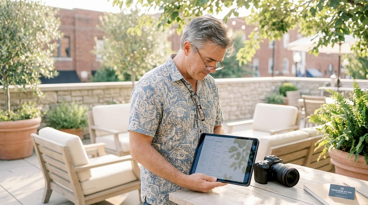 Photographer checking metadata for image authenticity