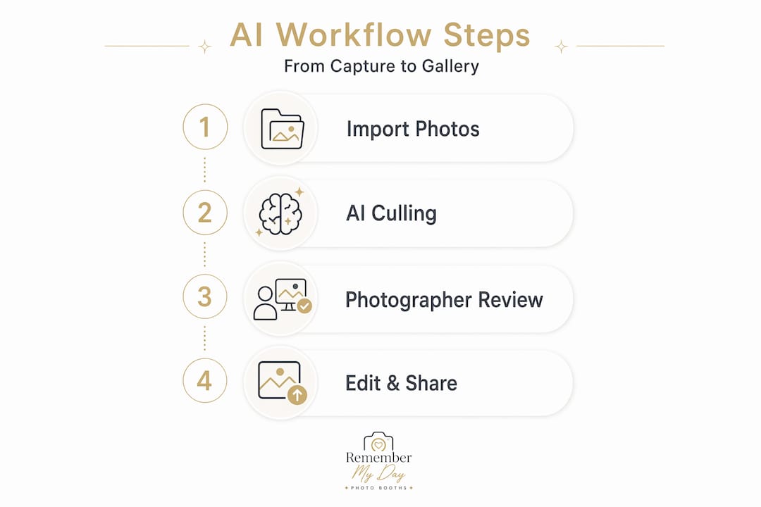 Vertical flow infographic of AI photography workflow