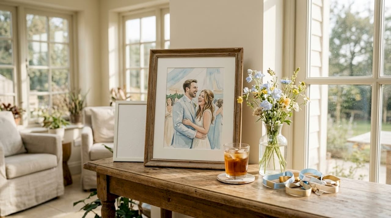 Framed watercolor event portrait on sideboard