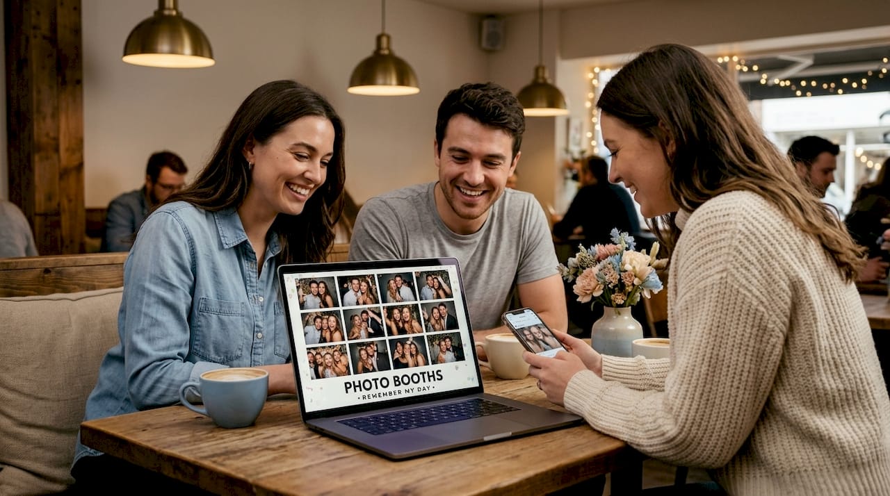 Office coworkers sharing a digital event photo