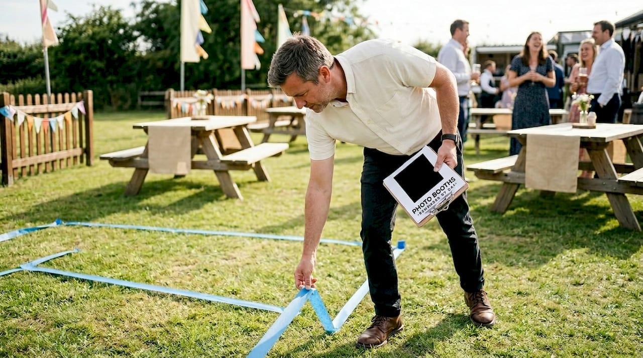 Coordinator mapping booth layout with floor tape