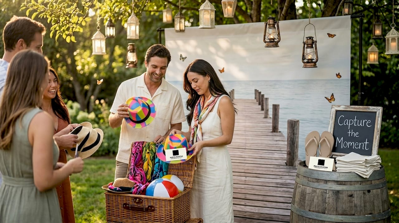 Close-up of tropical themed photo booth props