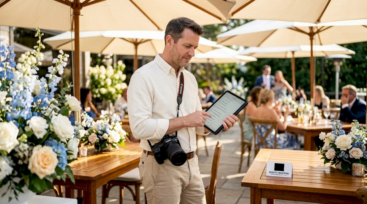 Photographer reviewing event shot list on tablet
